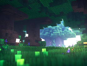 Minecraft-landskap med en grønn skog i kveldslys