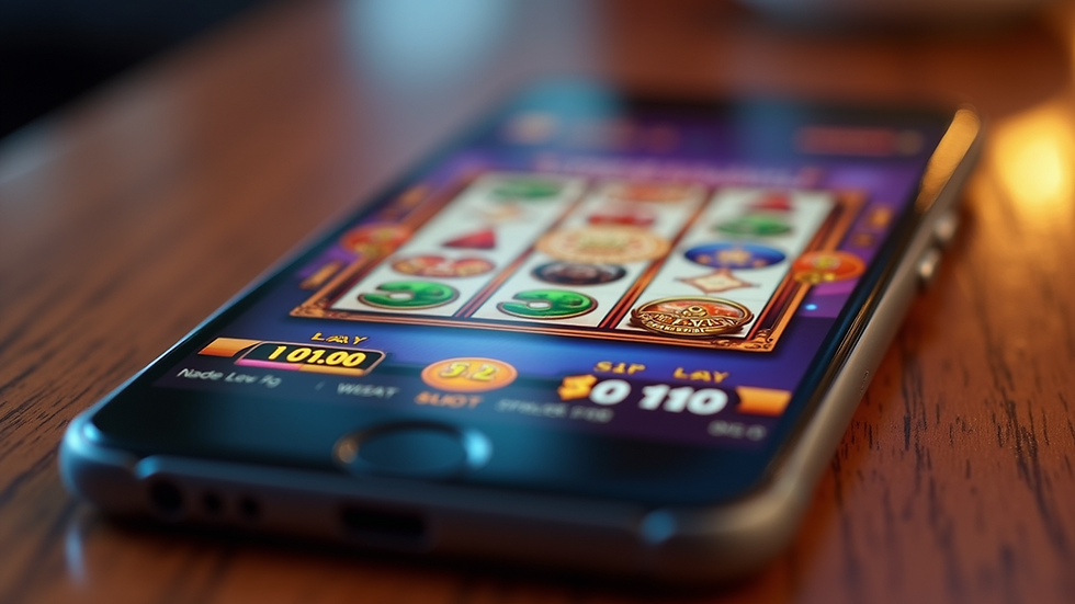 Eye-level view of a smartphone displaying a colorful slot game