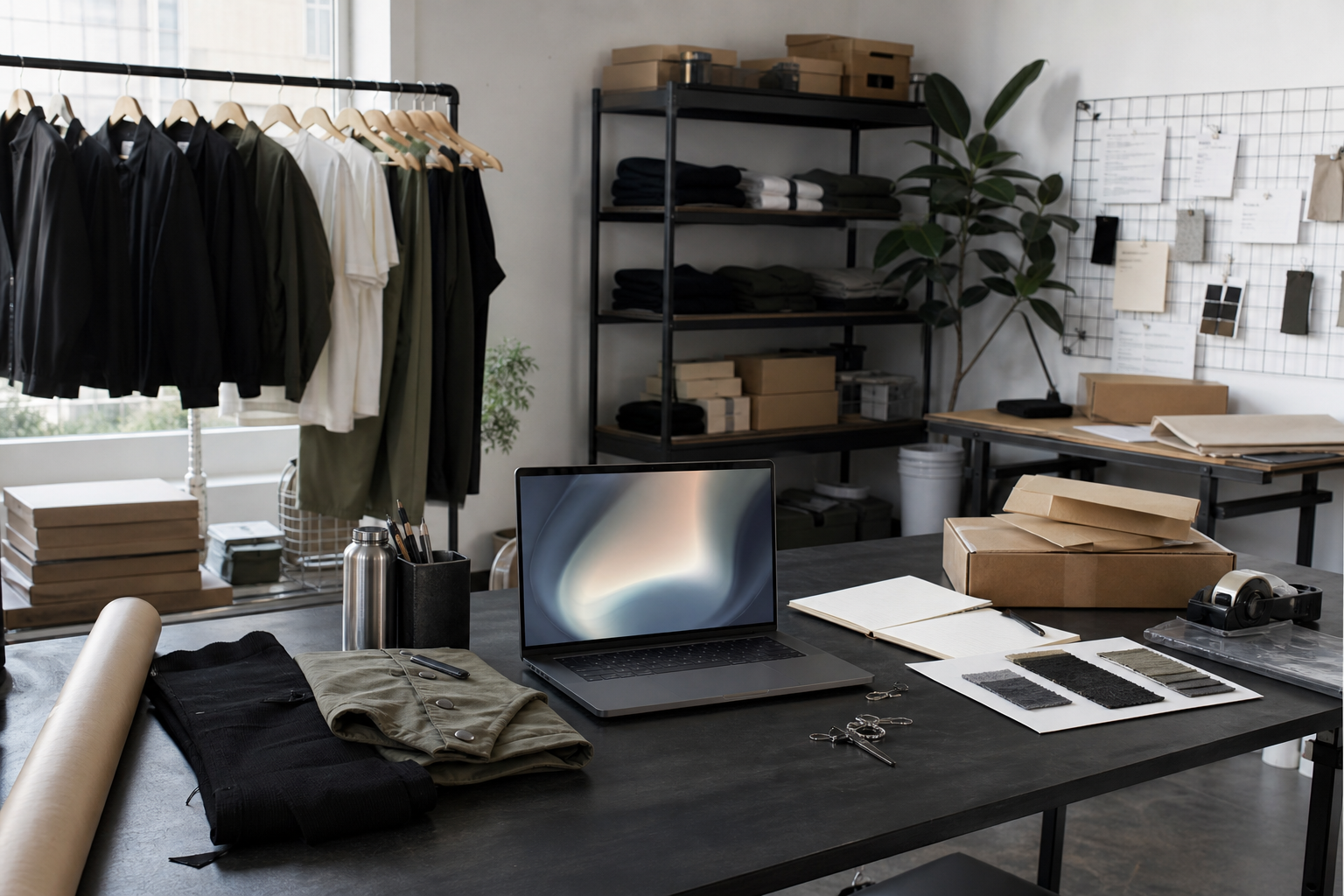 Compact fashion operations studio with garments, inventory, shipping materials, and planning tools.