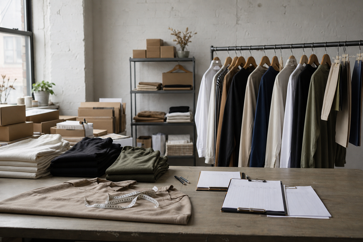 Flexible wholesale workspace with garment quantities, order forms, cartons, and a sample rack.