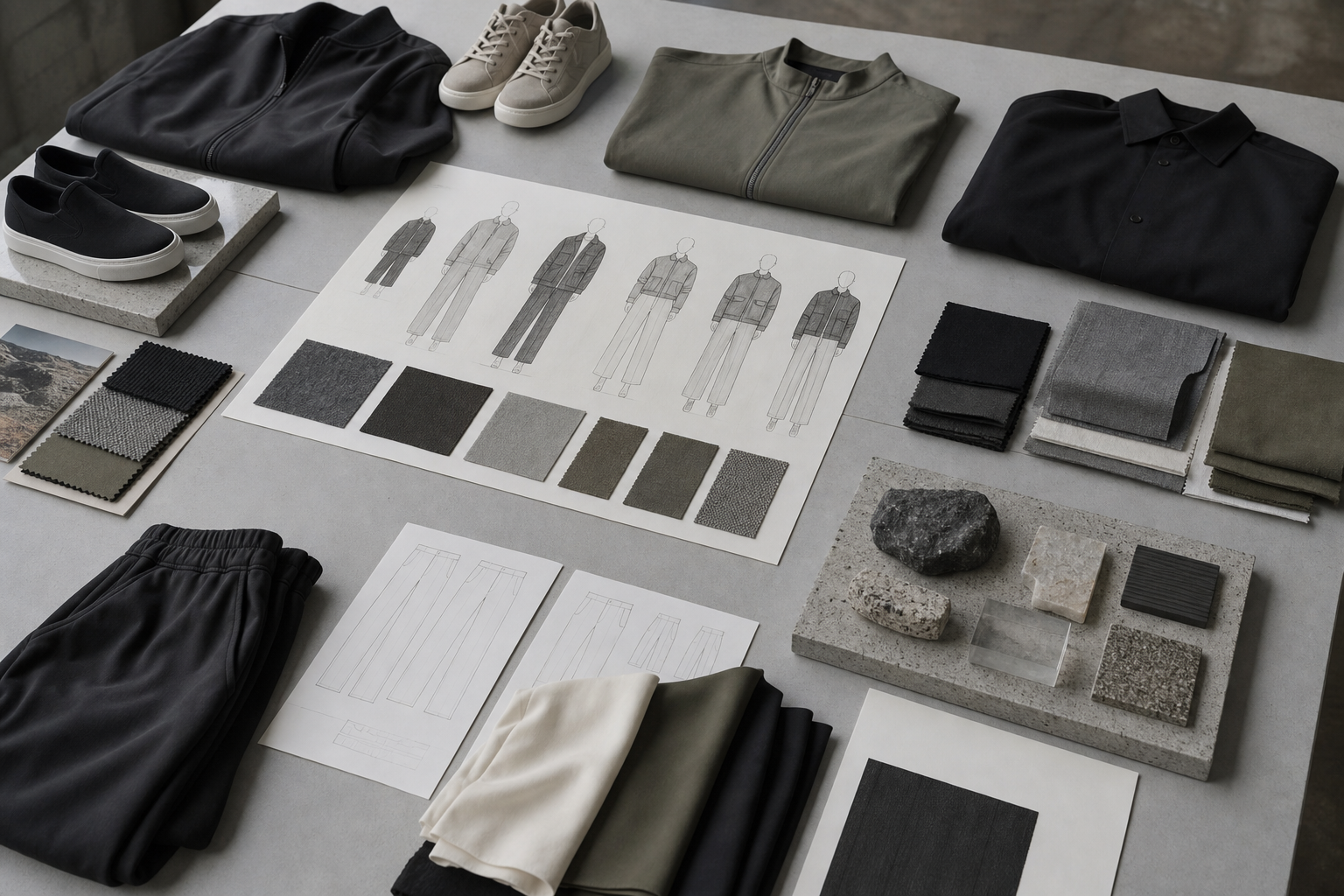 Seasonless apparel and footwear arranged with sketches and fabric swatches.