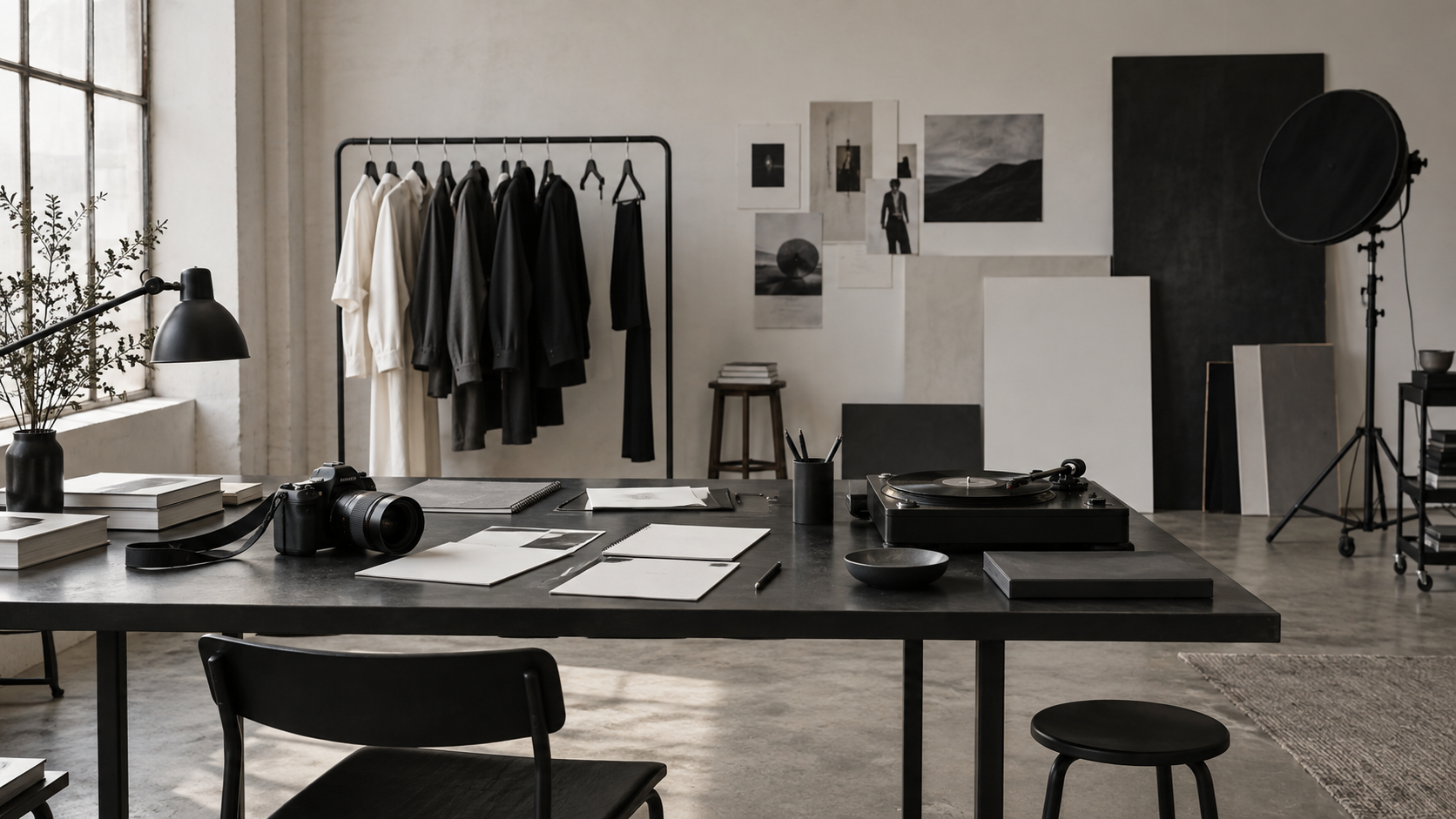 Fashion, music and media tools arranged in a coherent studio setting.