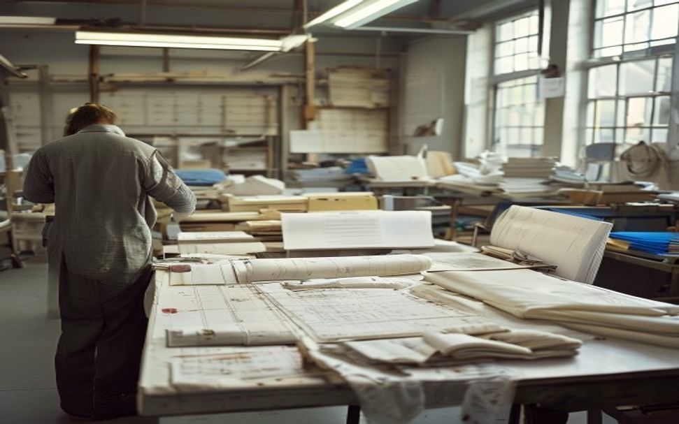 Garment production workspace with pattern pieces, samples, and measuring tape.