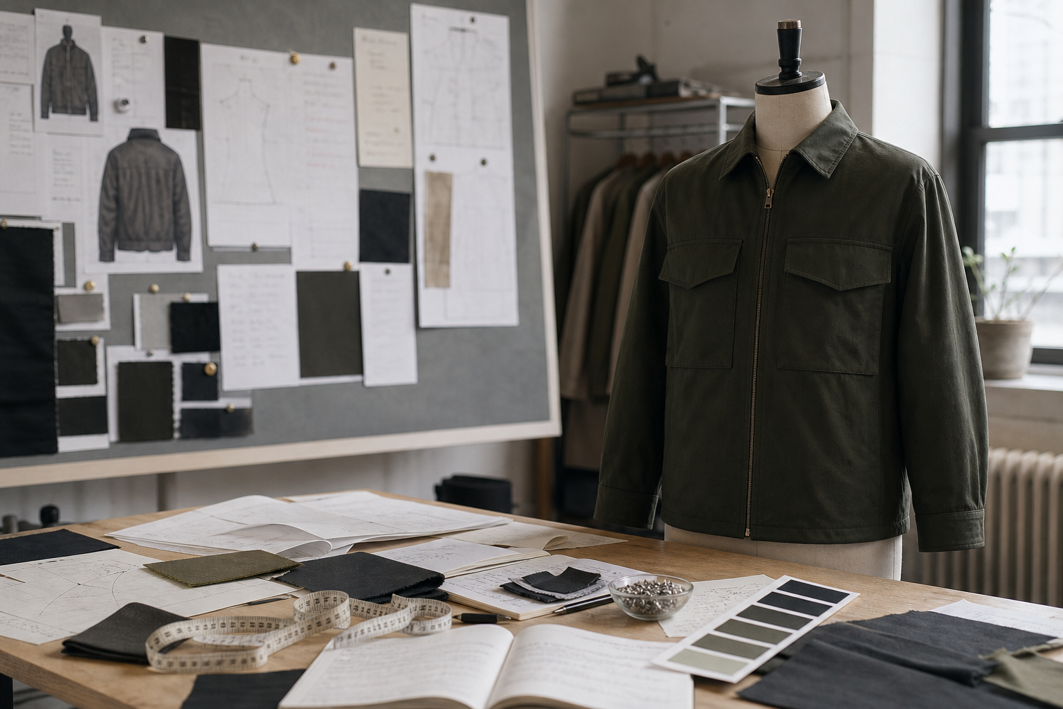 Garment sample on a dress form beside patterns, swatches, and production notes.