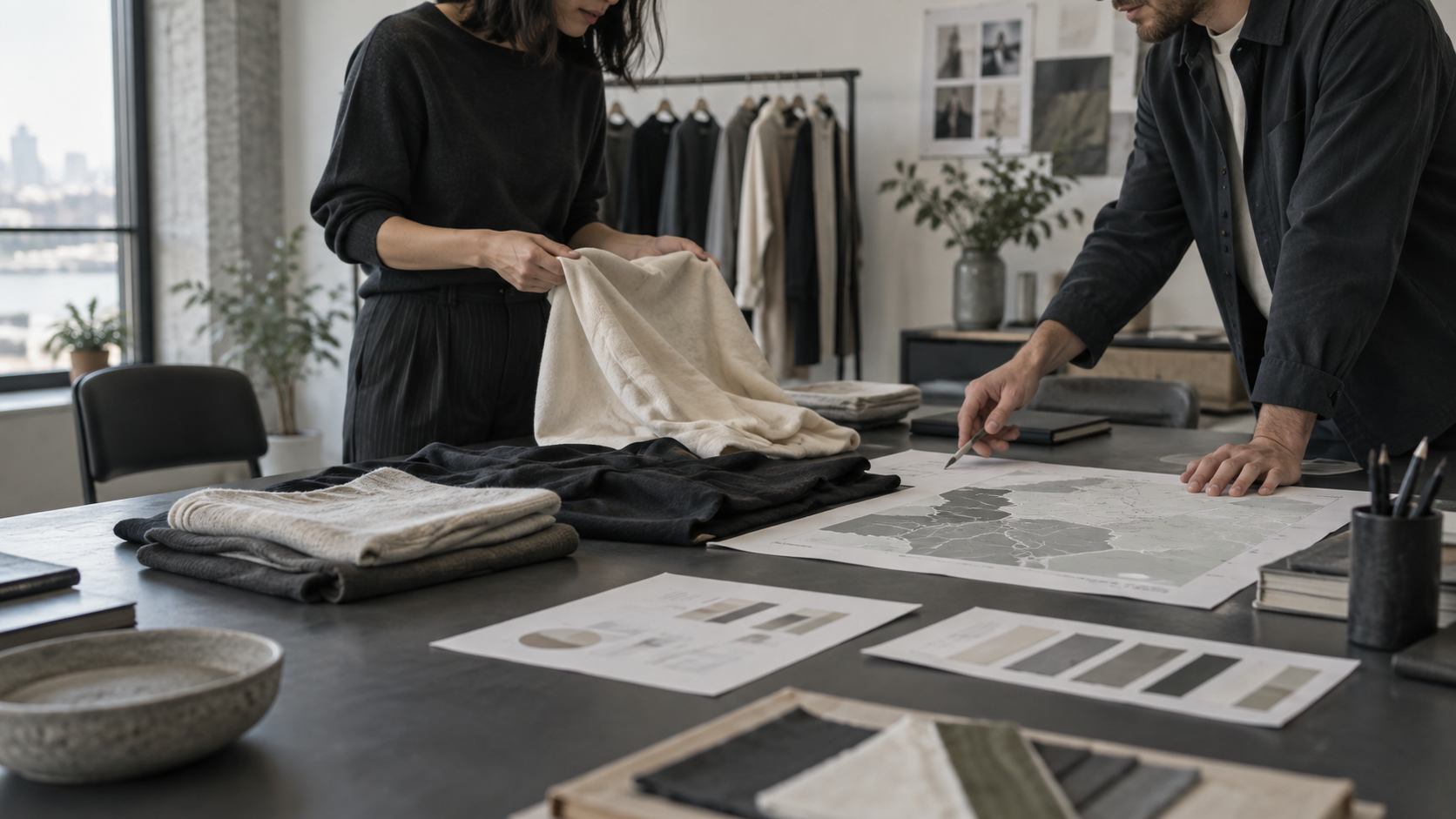 Retail professionals reviewing garments and regional planning materials.