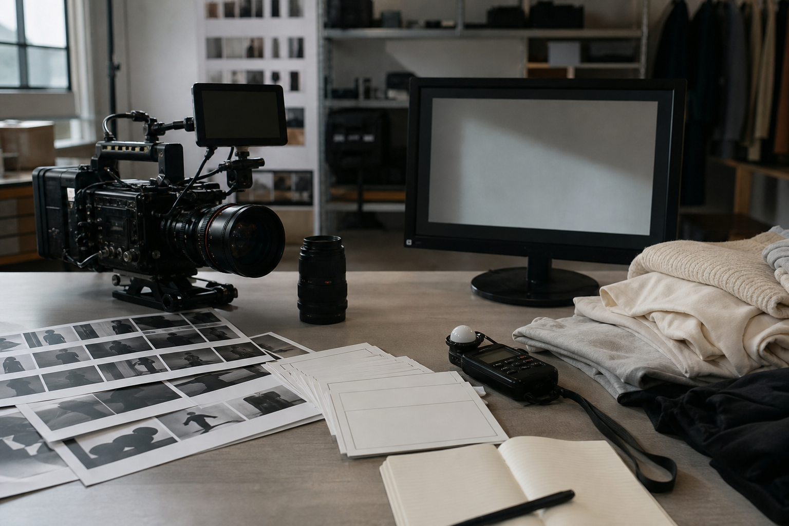 Fashion film planning desk with cinema camera, contact sheets, shot cards, and folded garments.