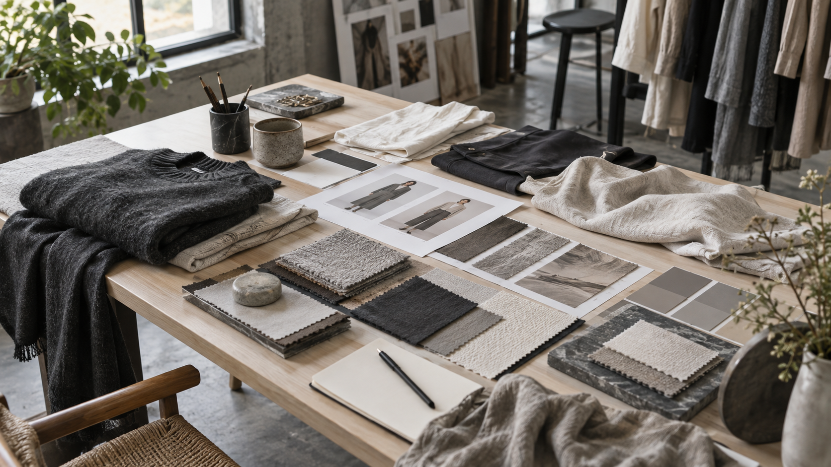 Garments and product information materials on a retail planning table.
