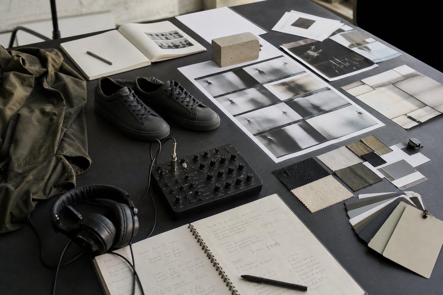 Creative planning desk with apparel, footwear, audio equipment, and visual references.