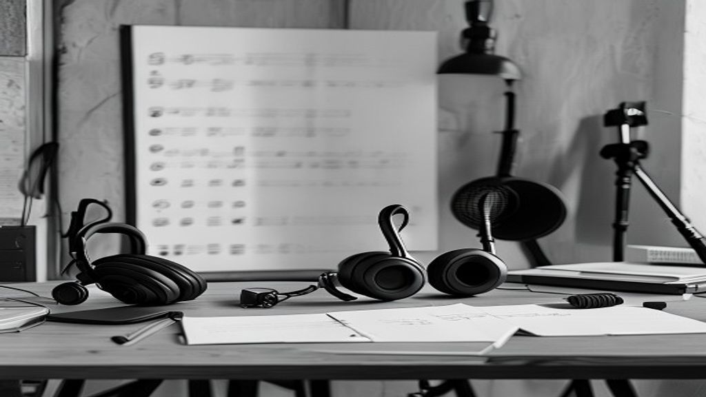 Garments, music notes, and visual references arranged in a studio.