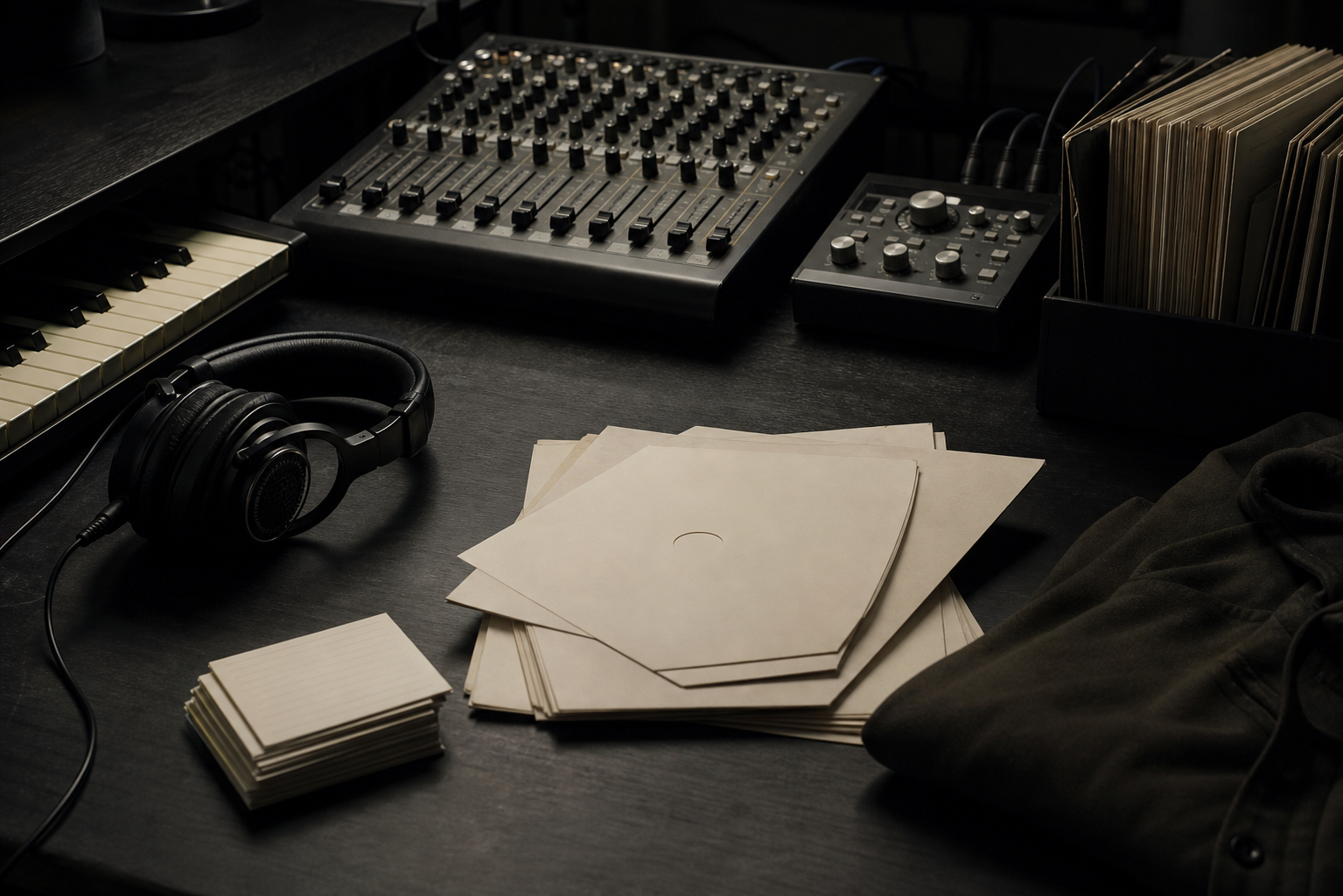 Music curation desk with studio headphones, mixing equipment, plain record sleeves, and a folded garment.