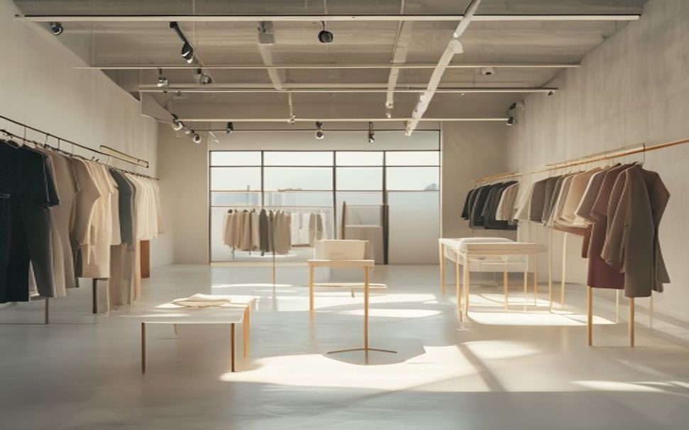 Minimal fashion showroom with garment racks, a sample table, and soft daylight.