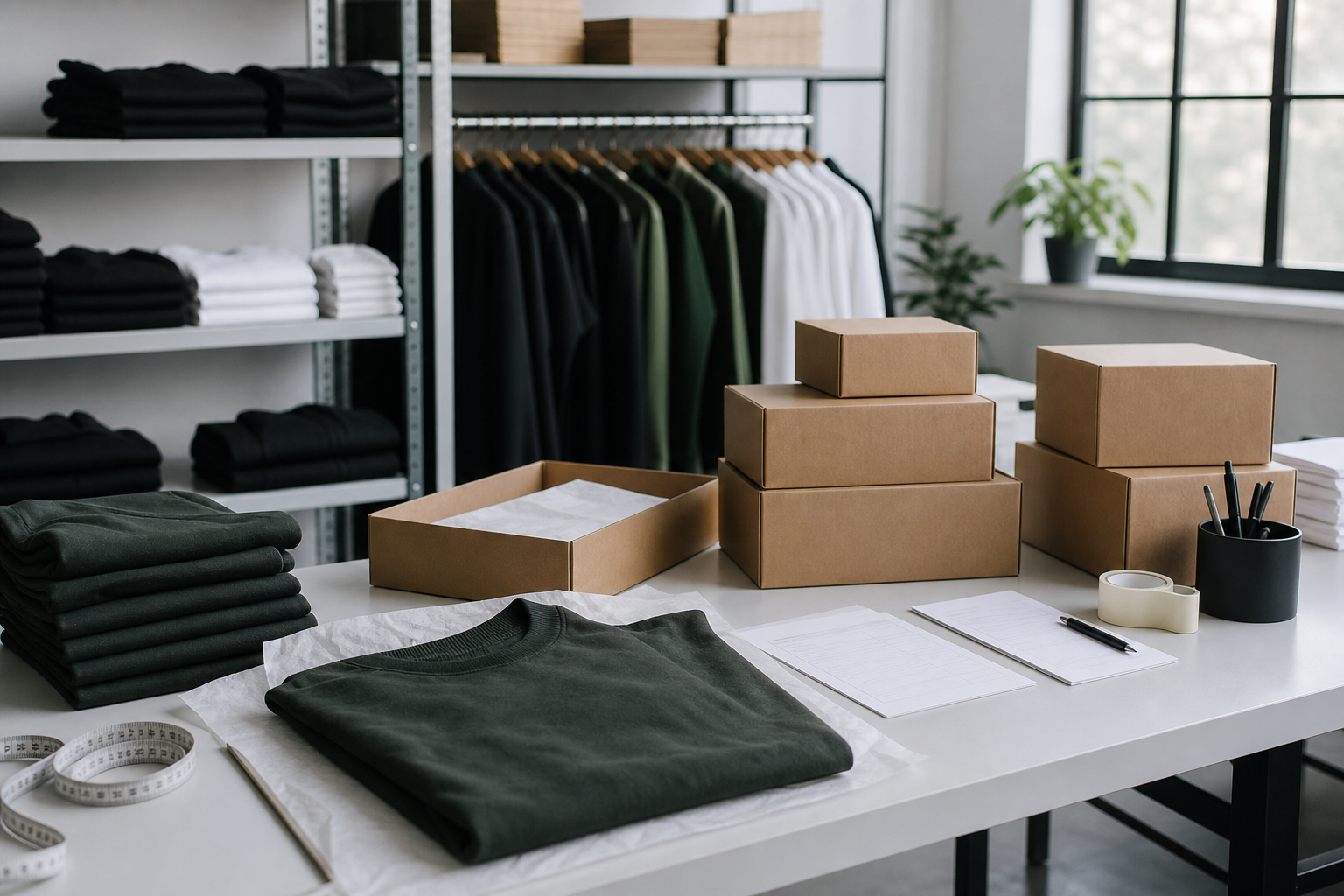 Fashion fulfilment workspace with folded garments, boxes, and packing documents.