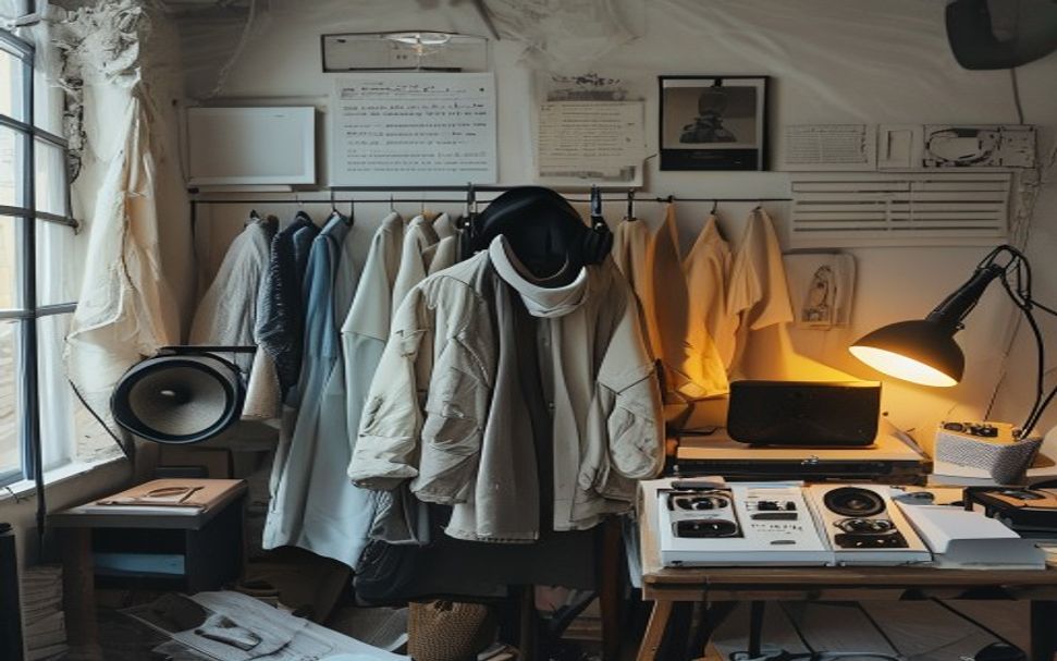 Creative studio with garments, mood references, headphones, and lighting notes.