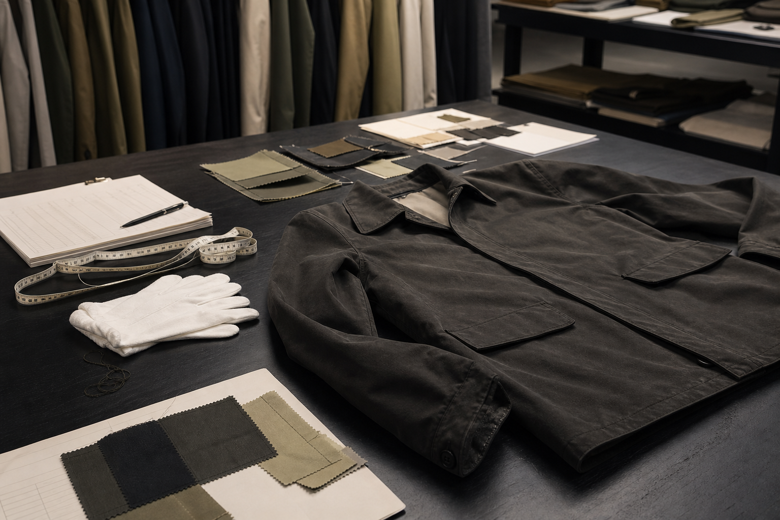 Garment quality-control table with inspection gloves, measuring tape, seam samples, and check sheets.