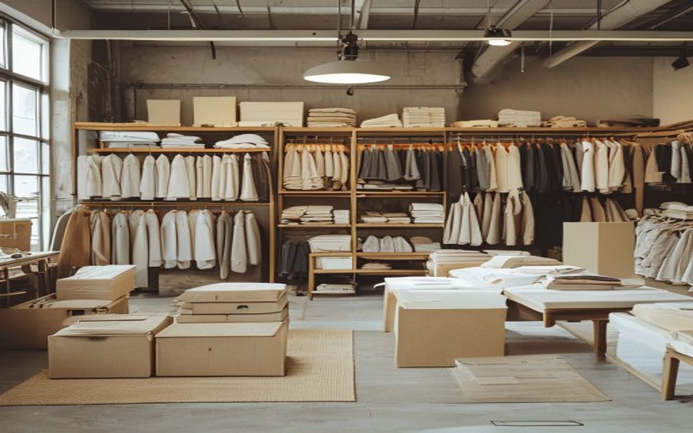 Direct retail planning workspace with garment samples, wholesale forms, and shipping materials.