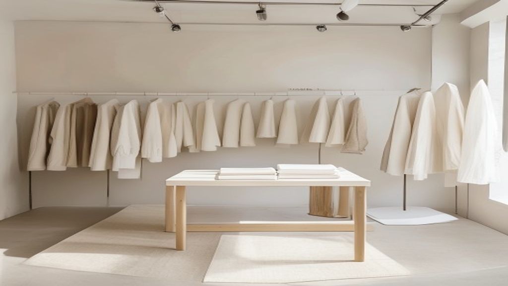 Minimal clothing rack with seasonless garments in a studio.