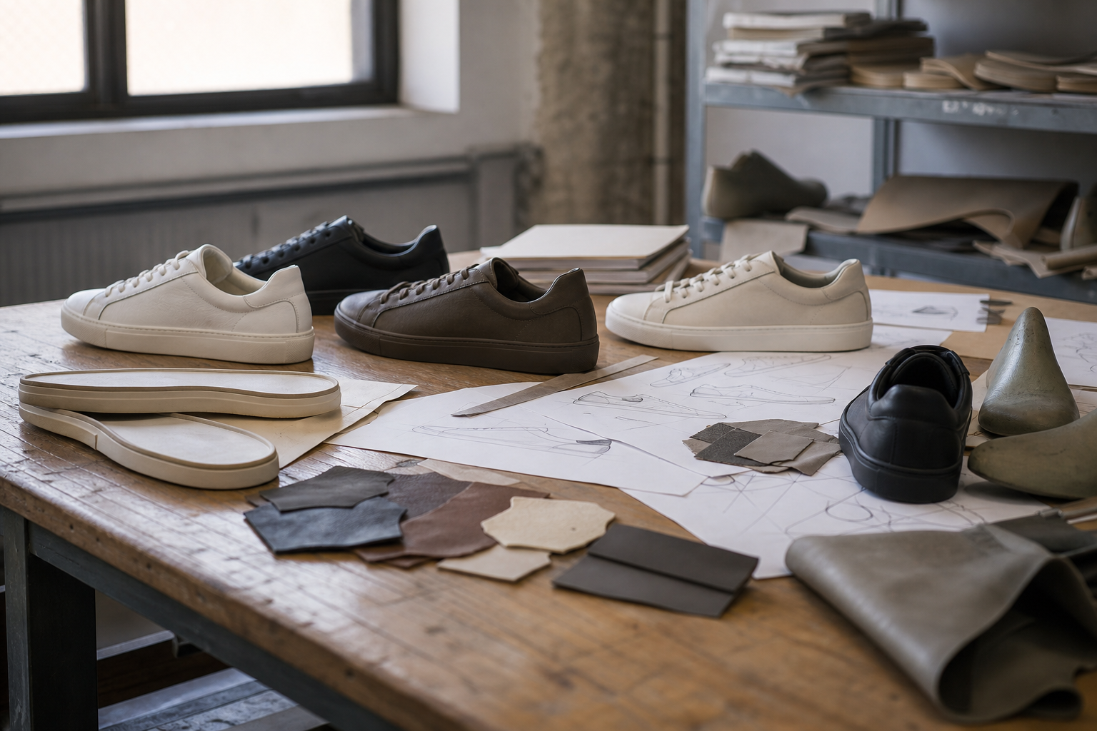 Minimal footwear development table with leather sneaker samples, lasts, sole units, and material swatches.