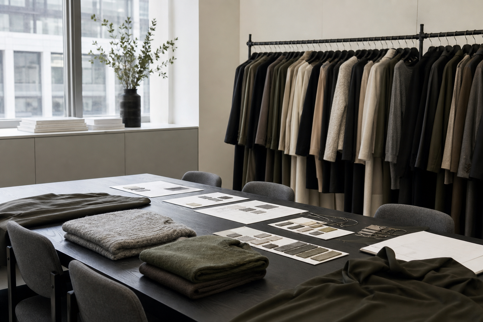Department store buying room with garment racks, samples, and assortment sheets.