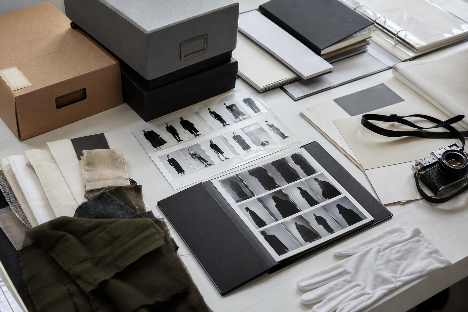 Fashion editorial archive with contact sheets, camera, fabric samples, and storage boxes.