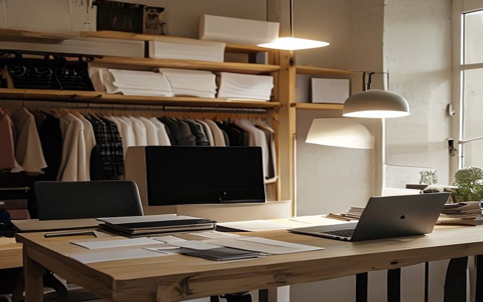 Wholesale workspace with garment rail, buyer notes, and sample cards.