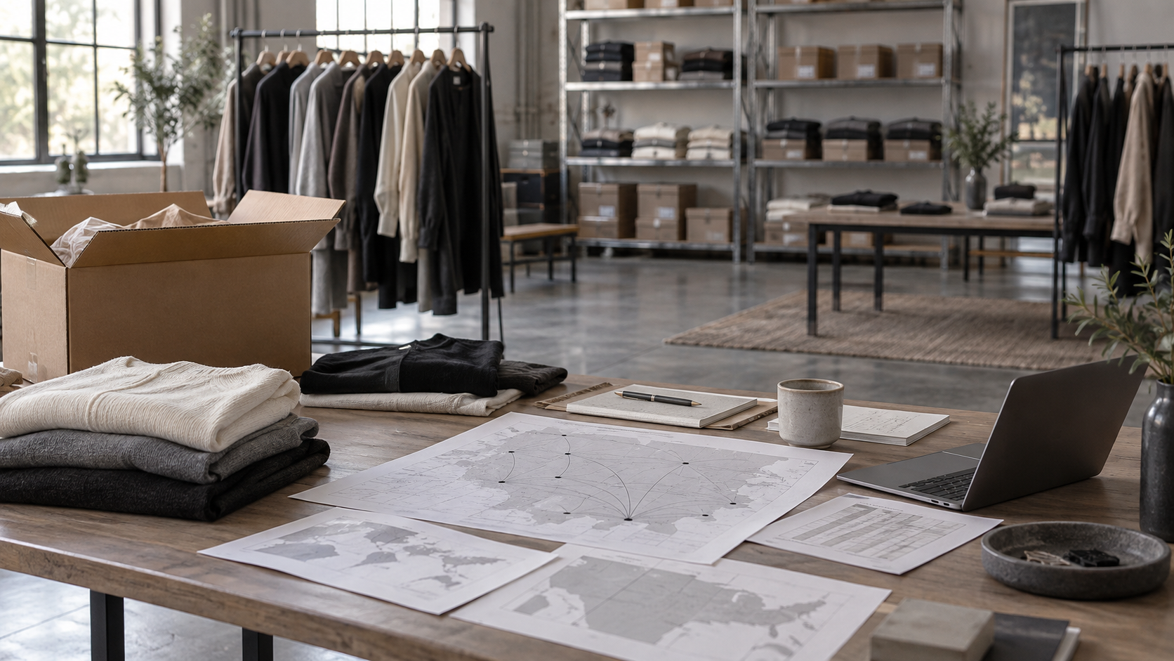 Garments and regional distribution planning materials in a workspace.