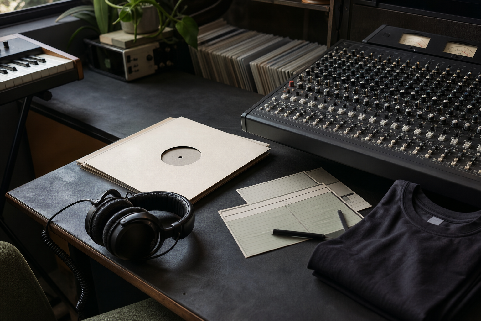 Music studio desk with mixing console, headphones, plain record sleeves, and a folded garment.