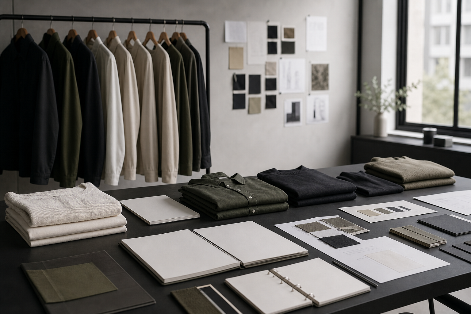 Wholesale reorder table with core garments, line sheets, and fabric swatches.