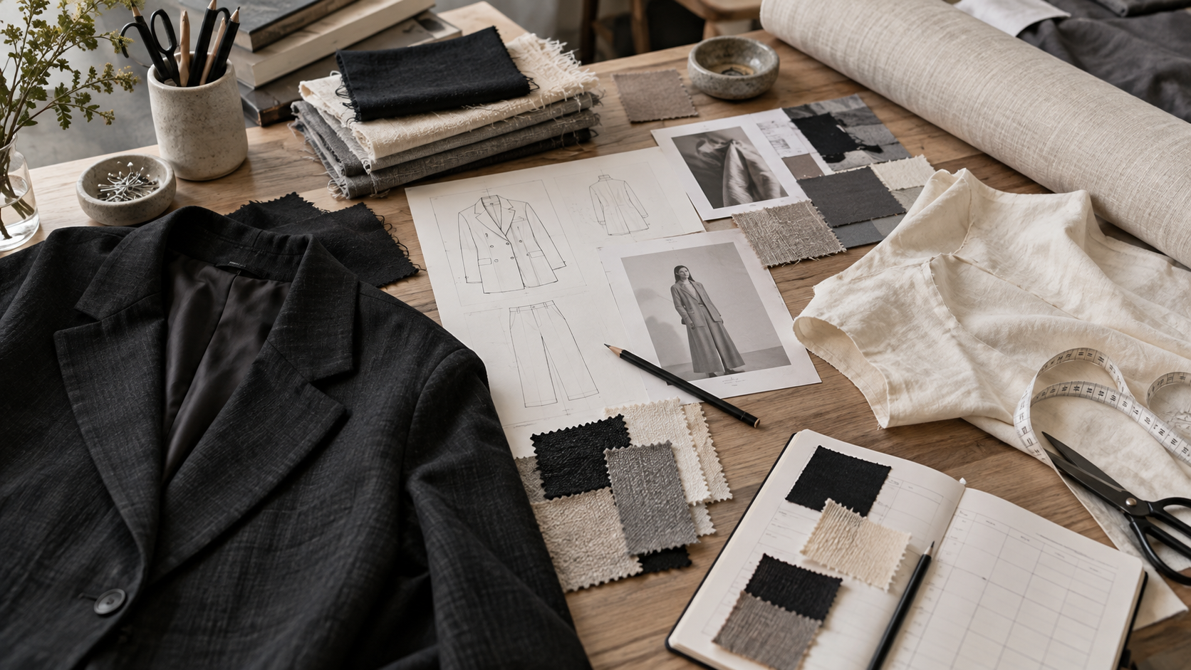 Garment samples and production planning materials on a worktable.
