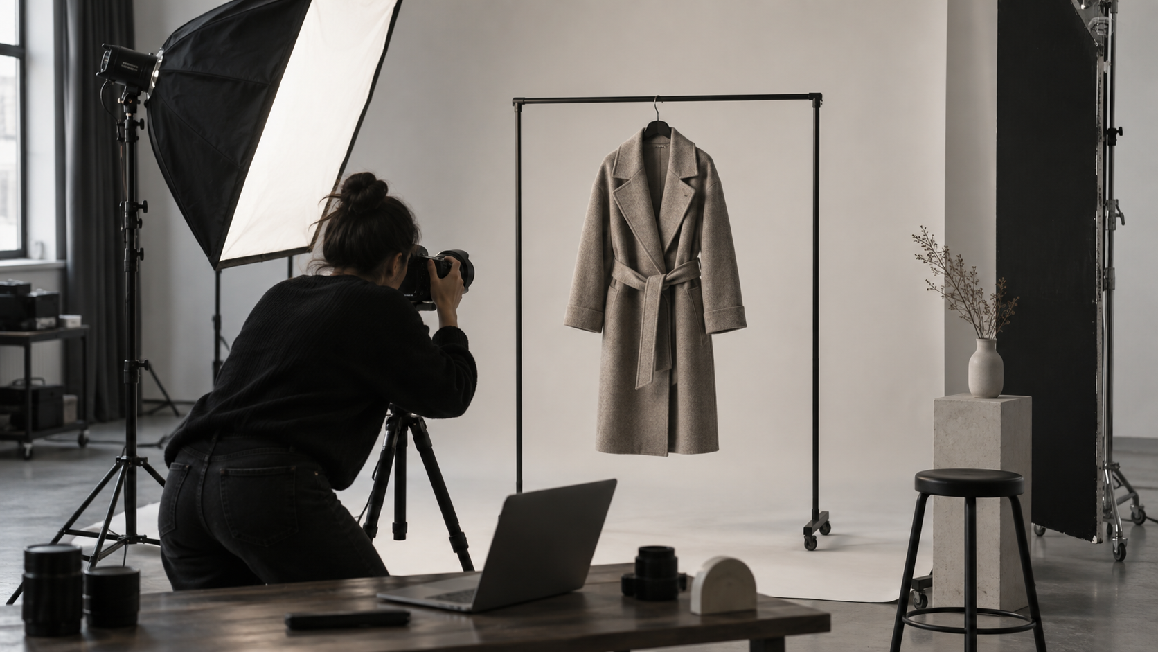 Fashion garment being photographed in a minimalist studio.