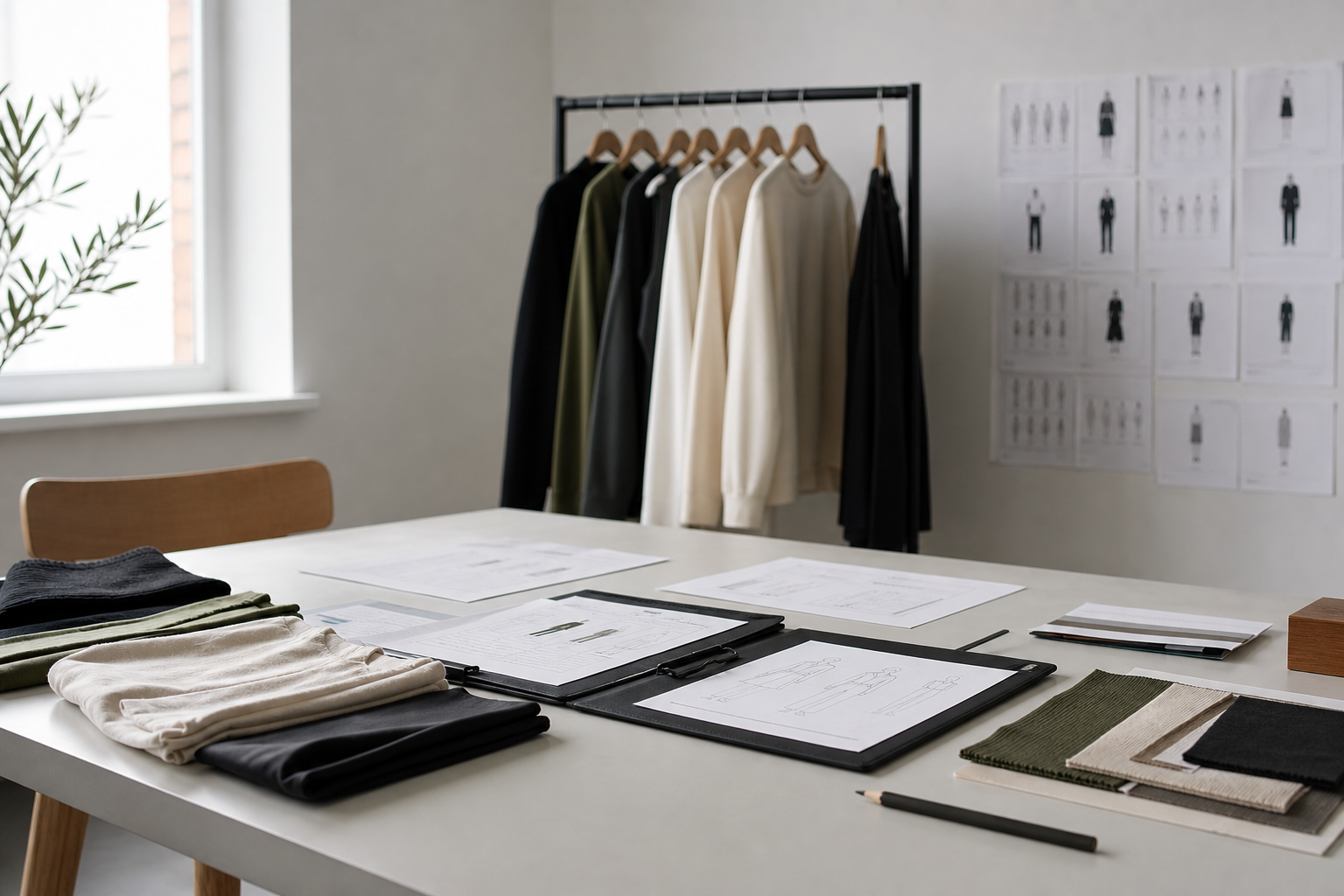 Wholesale onboarding table with garment samples, line sheets, and fabric swatches.