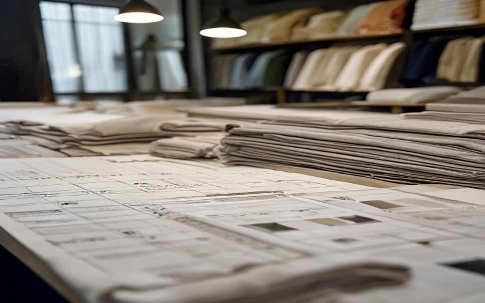 Retail planning table with folded garments, line sheets, and swatches.