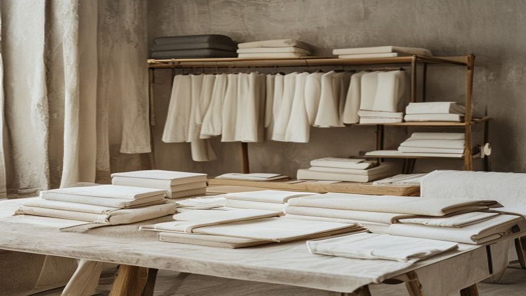 Fashion operations table with production notes and garment samples.