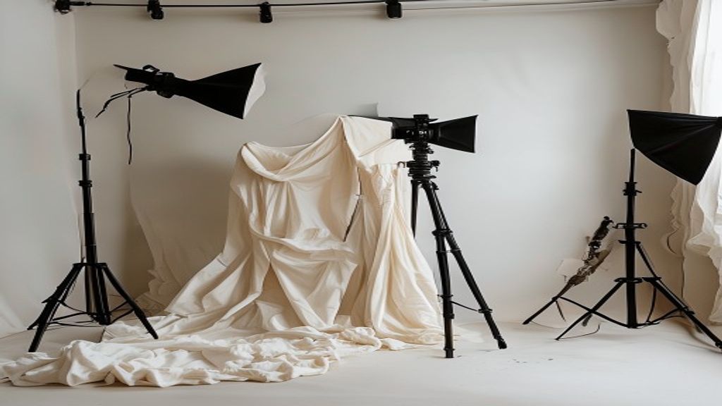 Fashion photo and video setup with camera, garments, and studio lighting.