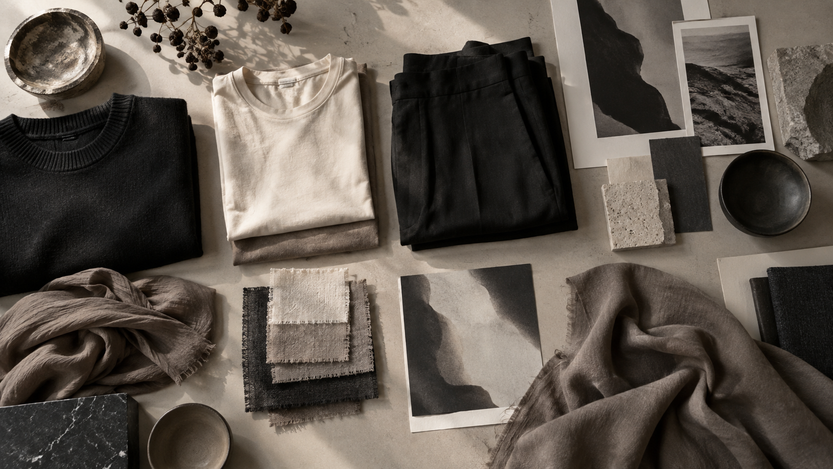 Minimal fashion garments and design references arranged in a studio.
