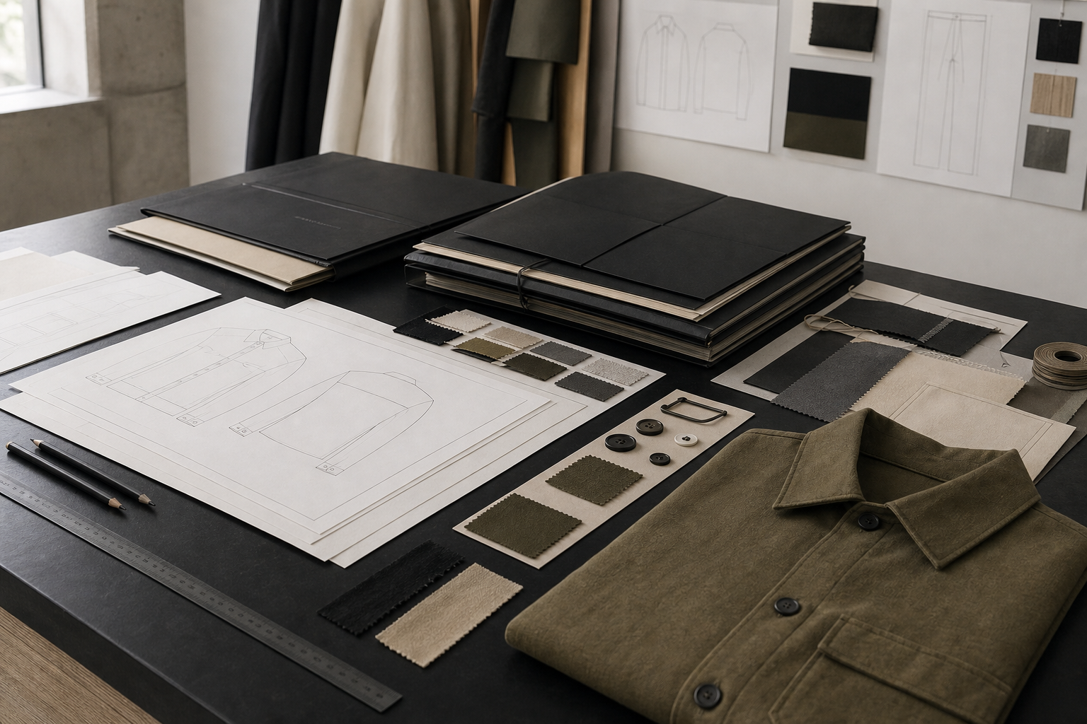 Production documentation desk with technical drawings, fabric cards, trim samples, and a folded garment.