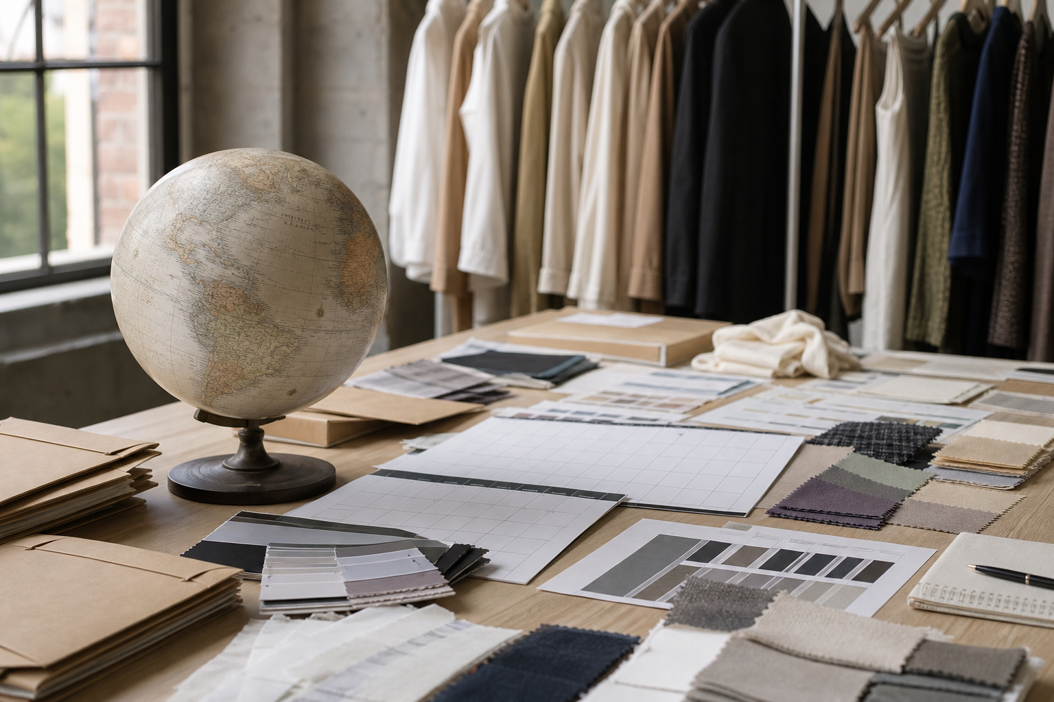 International fashion planning table with garment samples, regional calendars, shipping folders, and a globe.