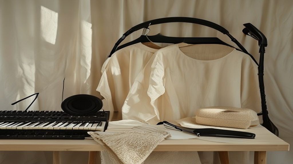 Fashion studio with garments, headphones, and music equipment.