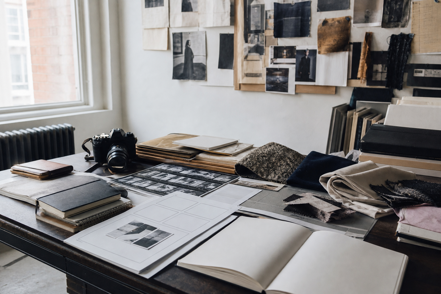Independent fashion editorial desk with camera, contact sheets, blank layouts, notebooks, and fabric samples.