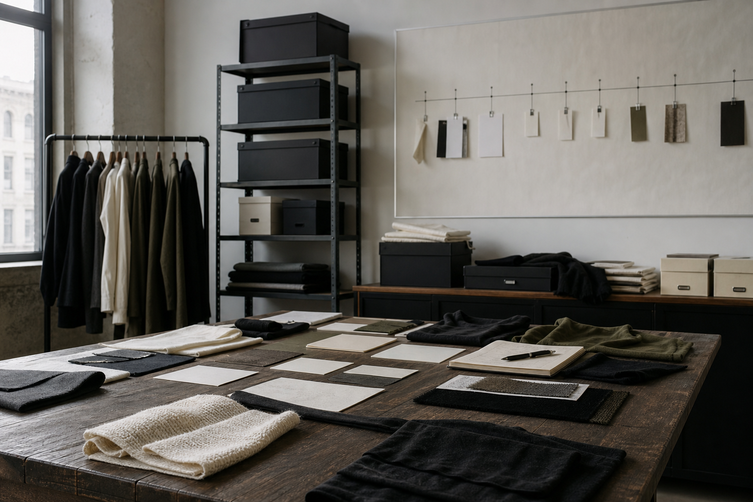 Long-term fashion planning workspace with recurring garments, archive boxes, material cards, and a blank timeline.
