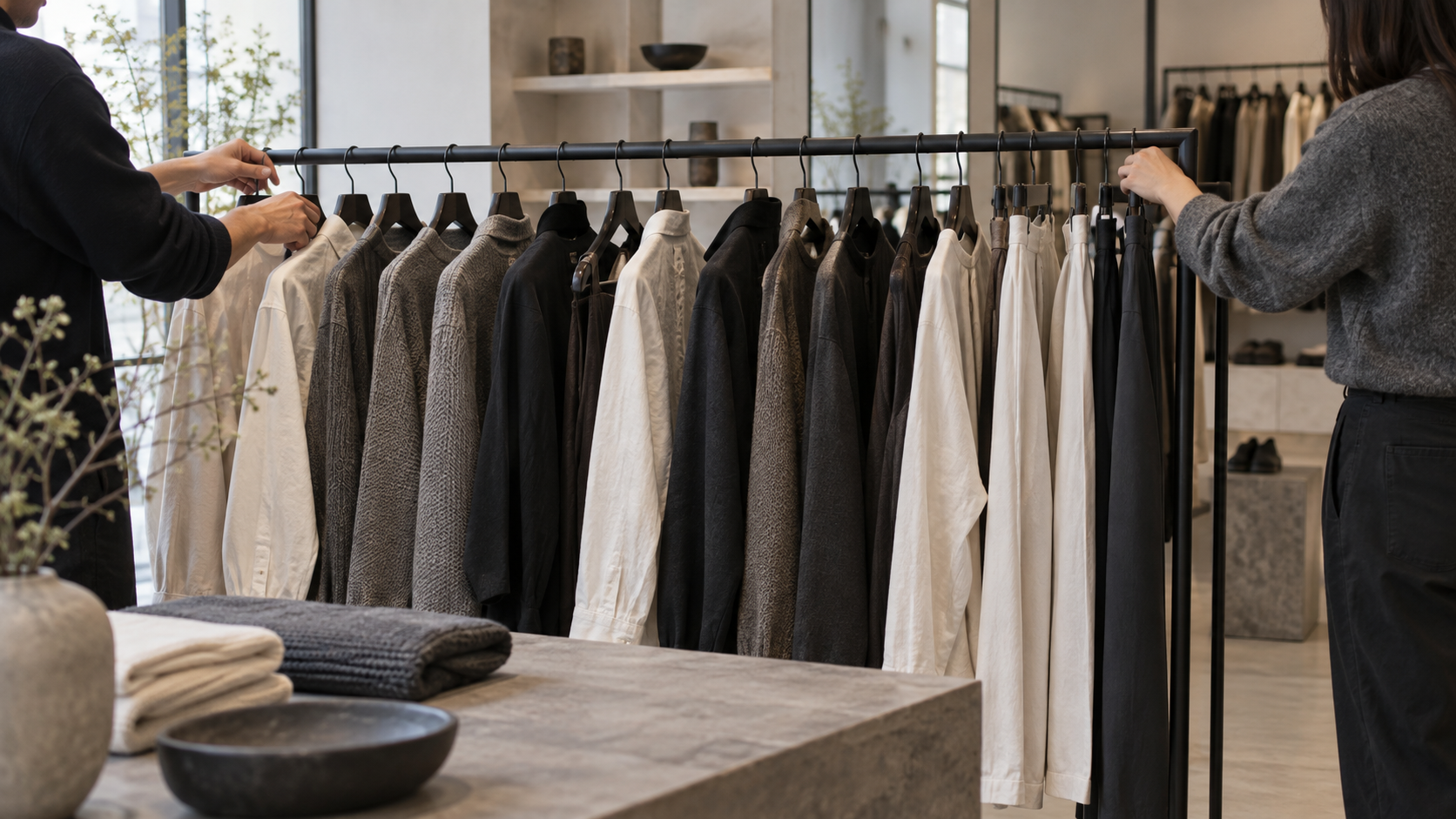 Store team arranging a curated rail of unbranded fashion garments.