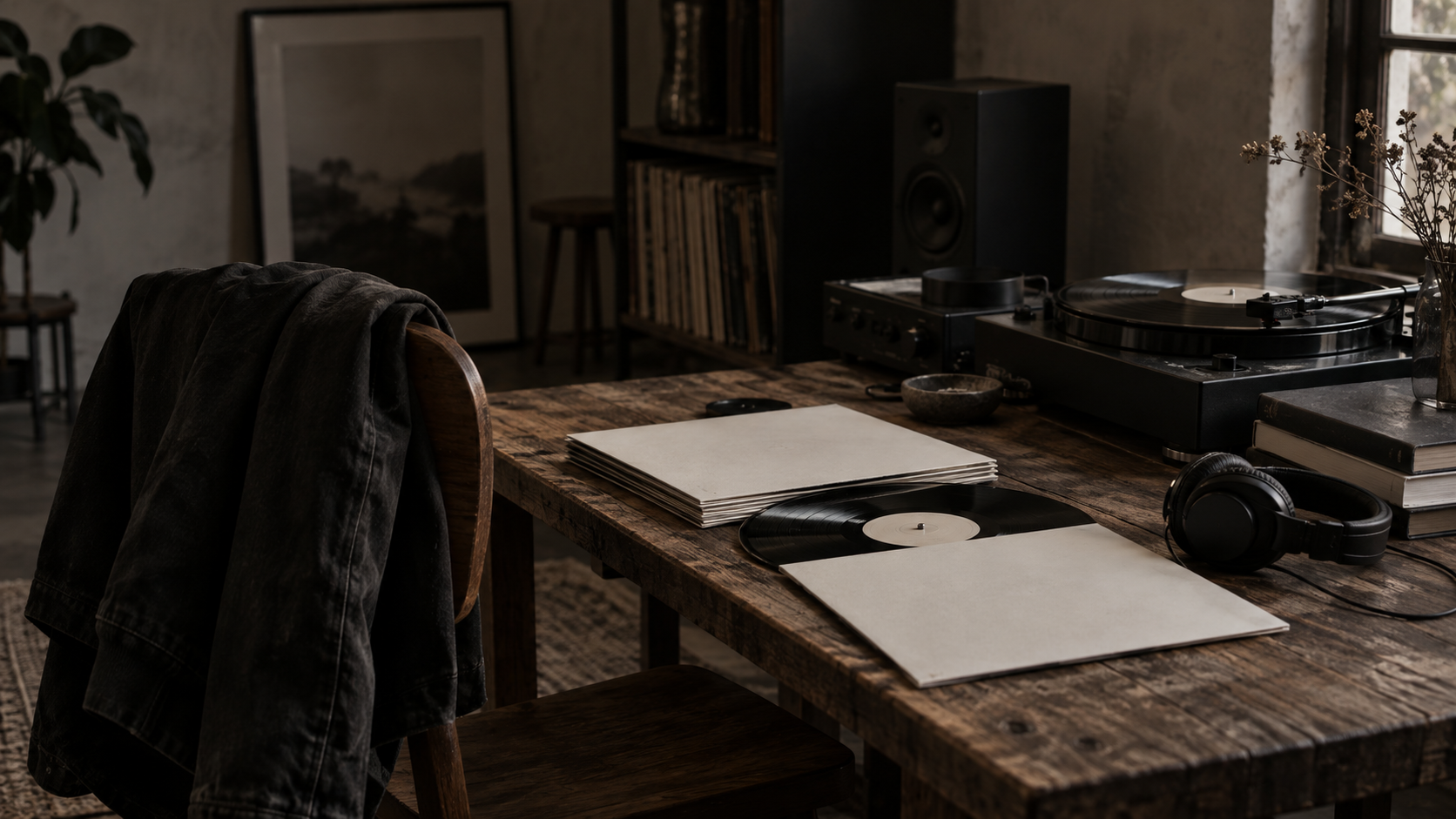 Fashion garment and music equipment arranged in a quiet studio.