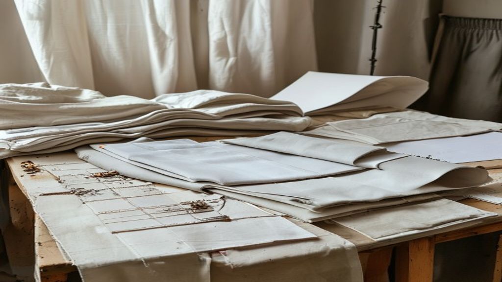 Garment samples and fabric swatches arranged with production notes.
