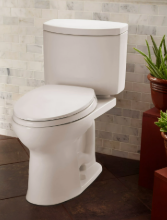 White Toto Drake II toilet in a tiled bathroom, surrounded by green plants in pots, creating a clean and fresh atmosphere.
