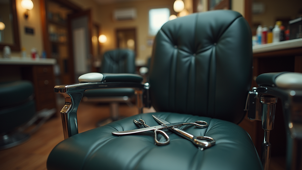 Eye-level view of a barber chair with classic haircut tools neatly arranged