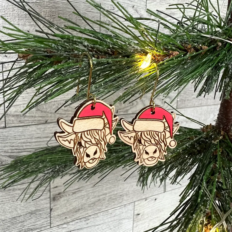 Thumbnail: Santa Highland Cow Wood Dangle Earrings
