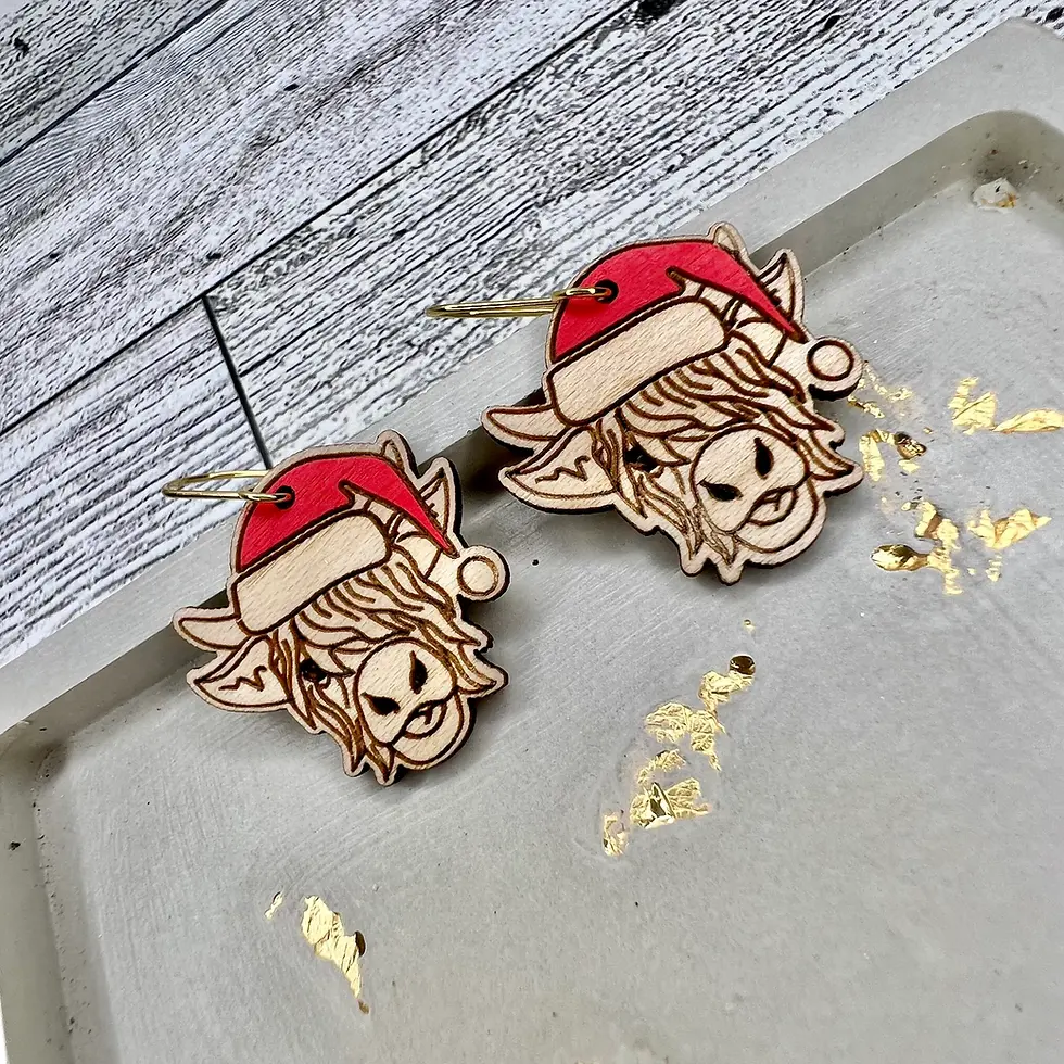 Thumbnail: Santa Highland Cow Wood Dangle Earrings