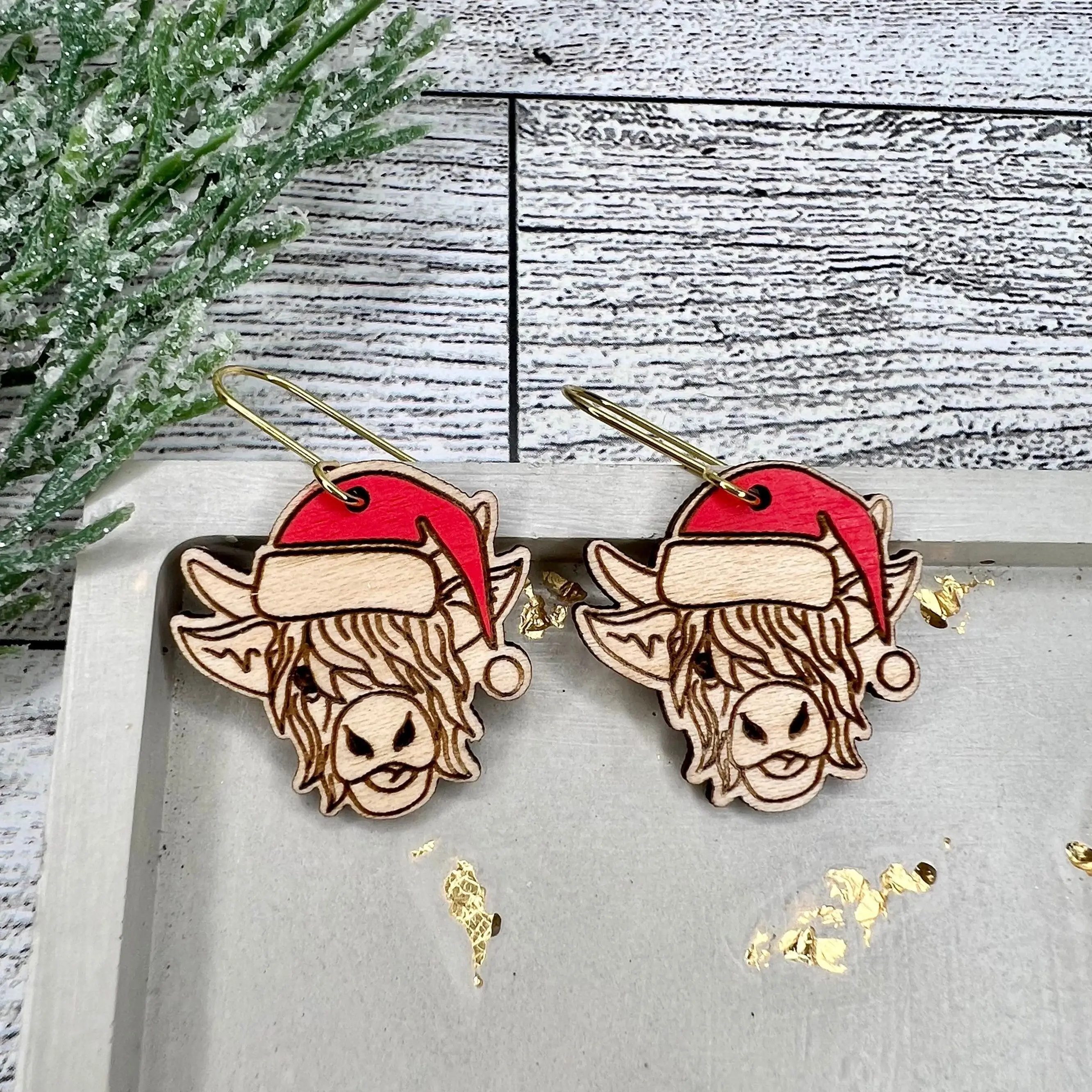 Santa Highland Cow Wood Dangle Earrings