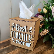 Custom tissue box cover personalized for a teacher gift, featuring precision laser-cut wooden details by Grace Unbound.