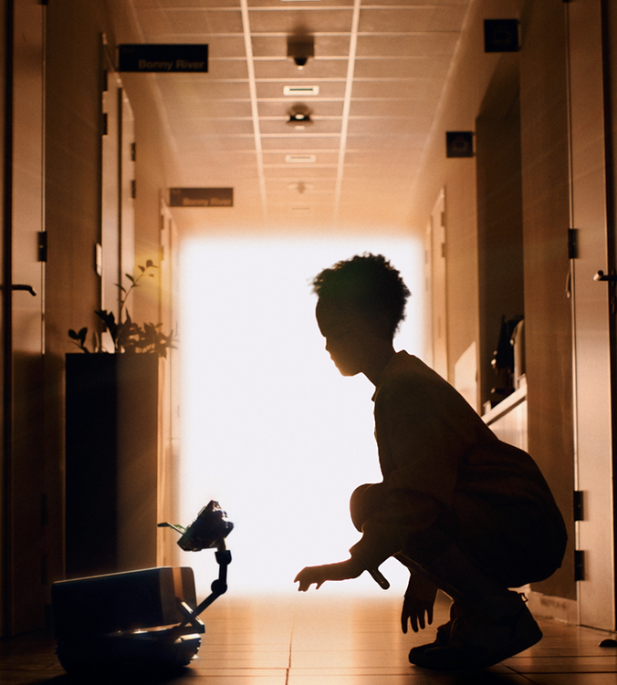 robot vfx and girl in hall with magical light