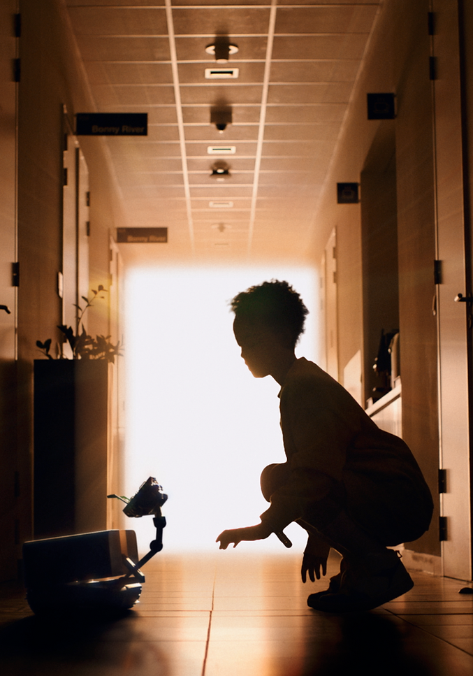 robot vfx and girl in hall with magical light